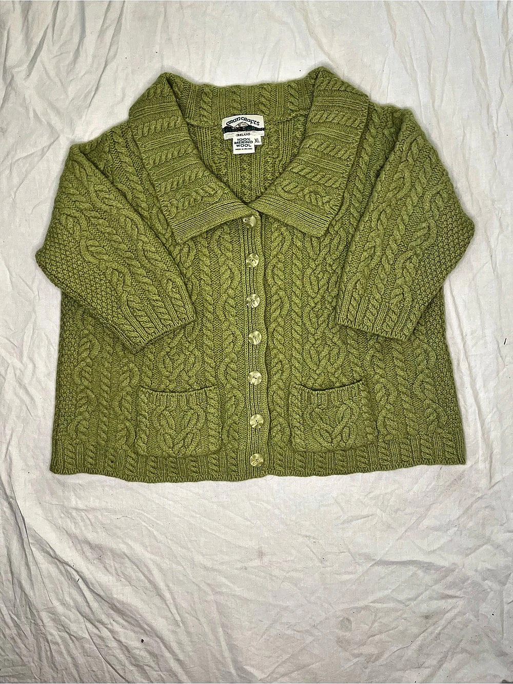 Aran Crafts Cable Knit Cardigan in Green XL Like New
